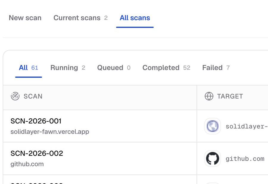 SolidLayer scan history dashboard in light mode